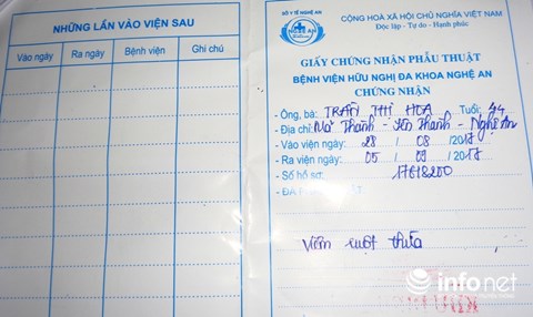Giấy chứng nhận phẩu thuật và Giấy ra viện của chị Hoa tại BVHNĐK Nghệ An