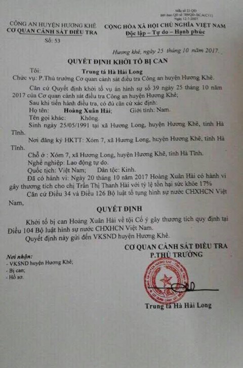 Quyết định khởi tố Hoàng Xuân Hải của Cơ quan Cảnh sát điều tra Công an huyện Hương Khê (Hà Tĩnh).